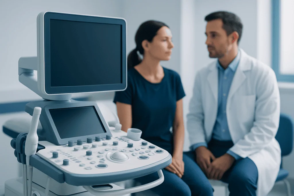 Medical consultation with ultrasound equipment in a clinical setting.