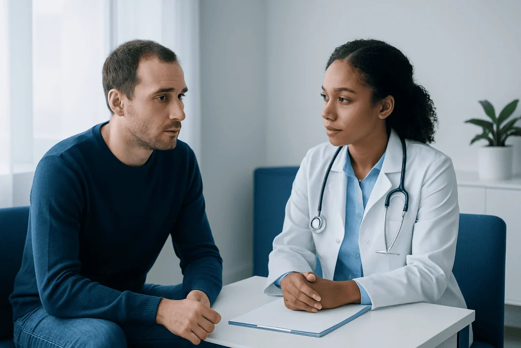 Doctor consulting with patient in a medical office setting.