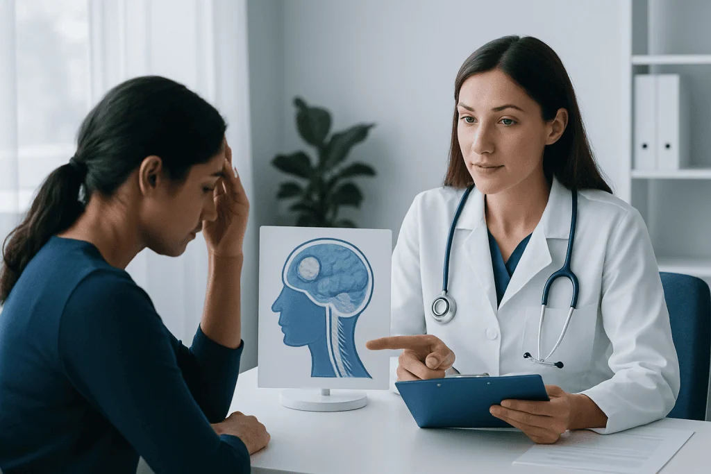 Doctor explaining brain tumor signs to patient in consultation room.