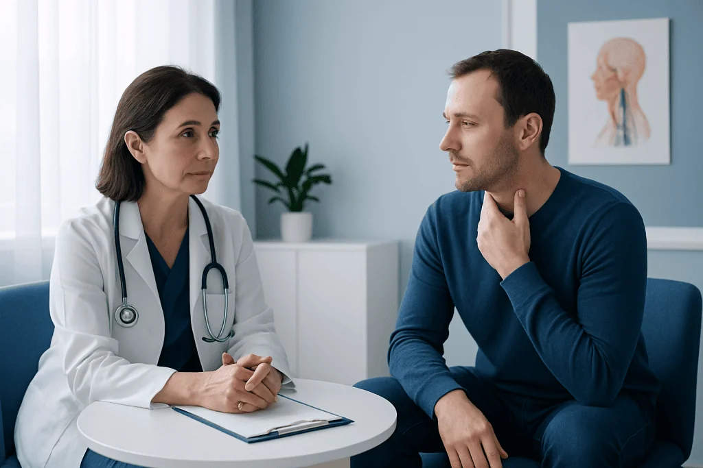 Doctor consulting with male patient in a medical office setting.