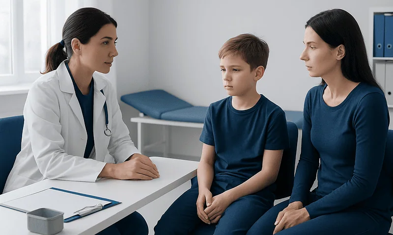 Doctor consulting with a young boy and his mother in a hospital room.