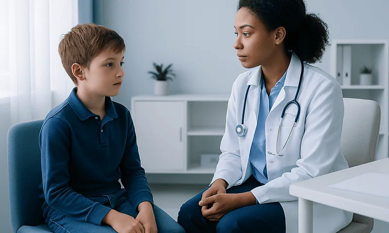 Doctor consulting with young boy in a medical office setting.