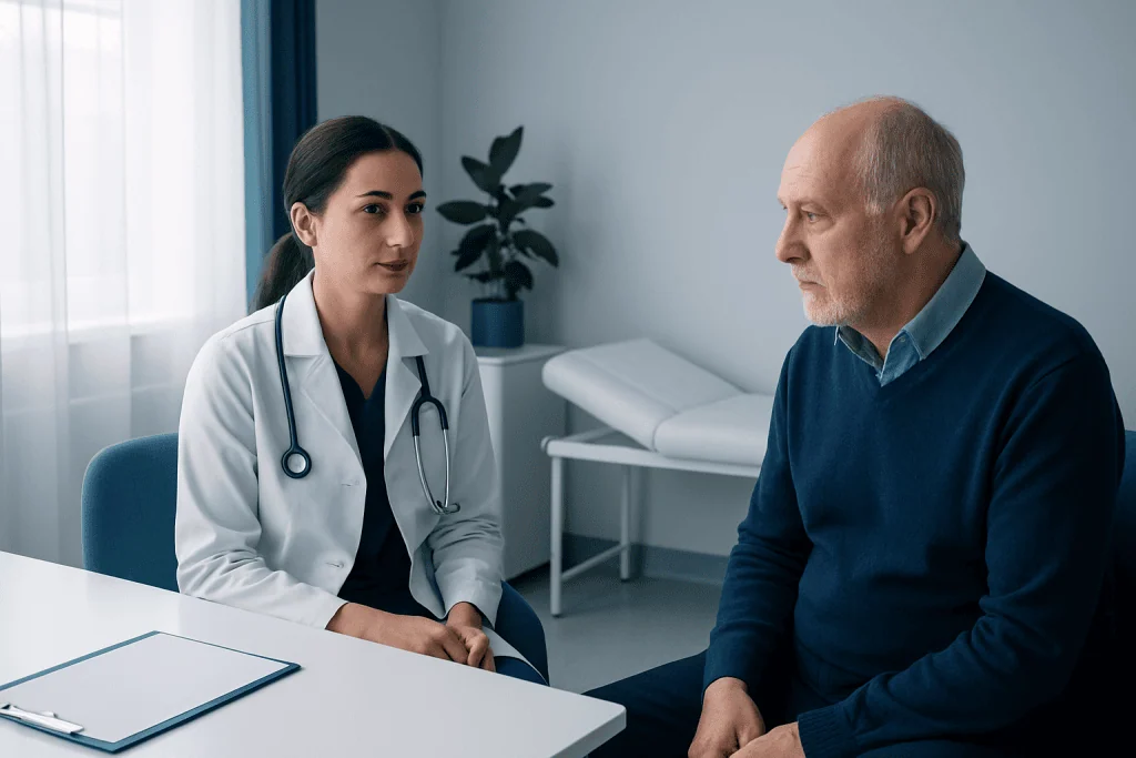 Doctor consulting with an elderly male patient in a medical office.