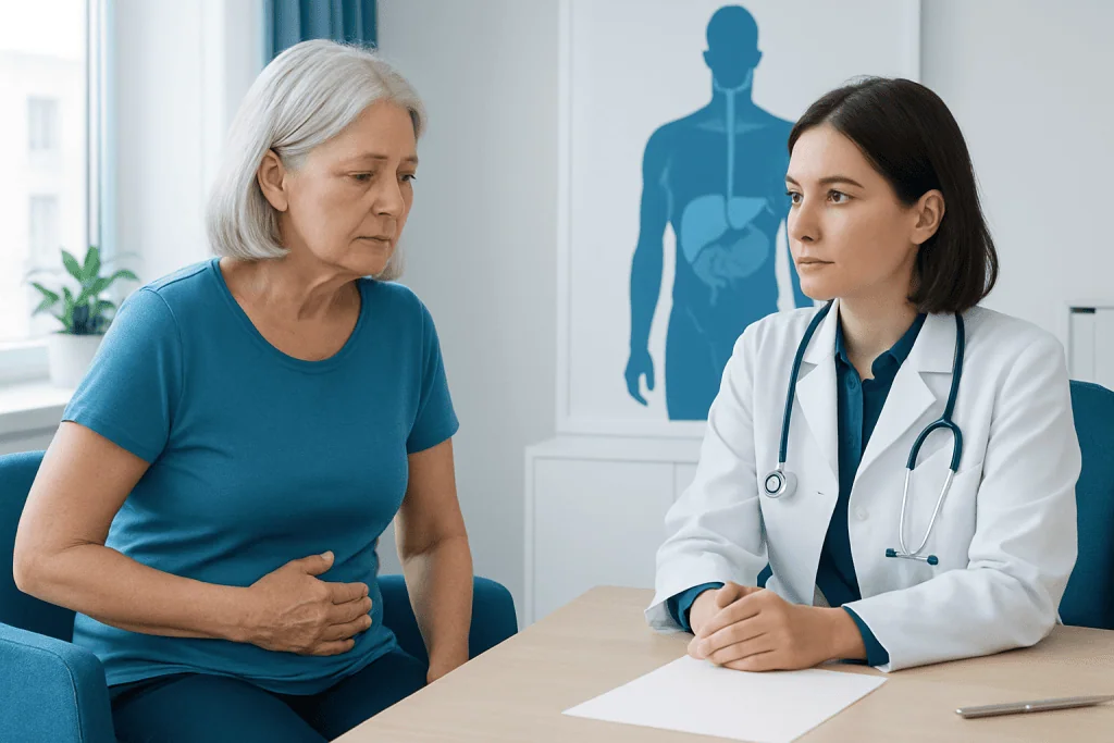 Doctor consulting with an elderly woman in a medical office.