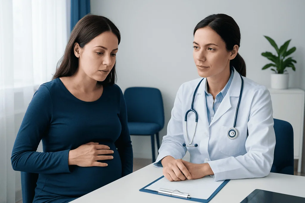 Pregnant woman consulting with a doctor in a medical office.