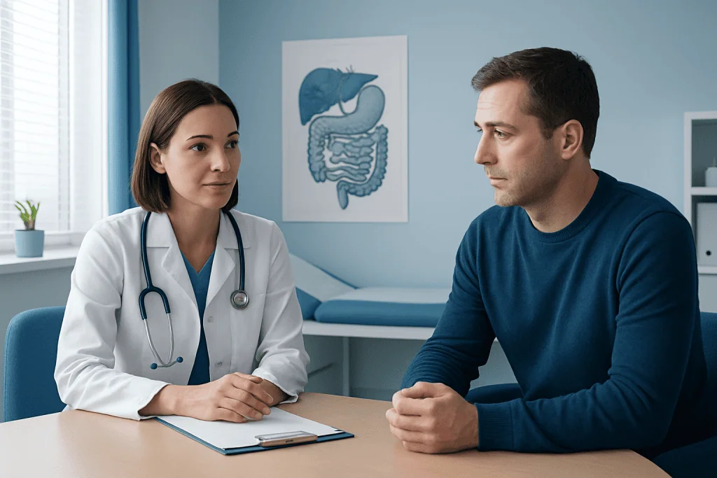 Doctor consulting with male patient in a medical office.