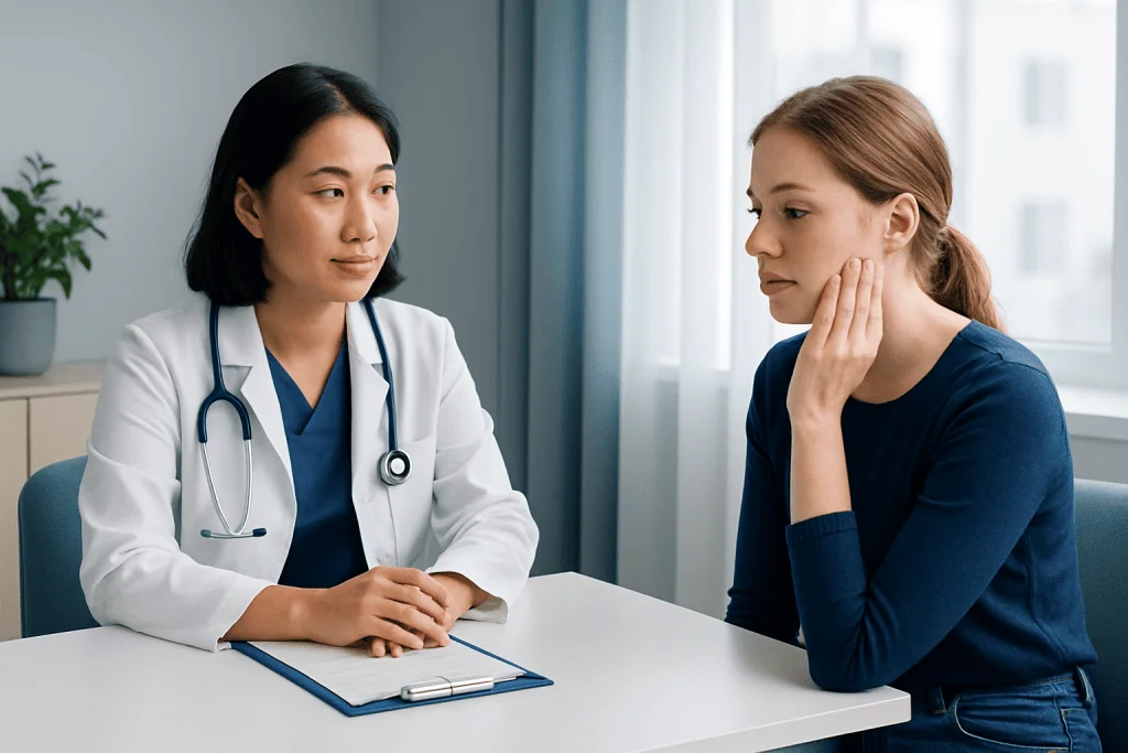 Doctor consulting with a young woman in a medical office setting.