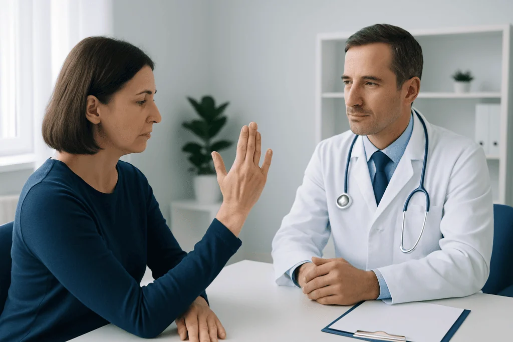 Doctor explaining rheumatoid nodules to a patient in a consultation room.