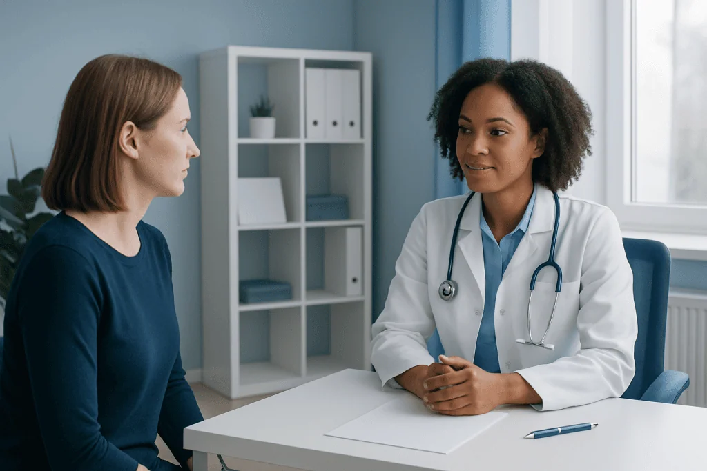 Doctor consulting with patient in a medical office setting.