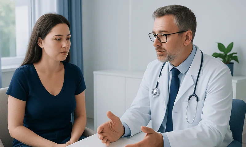 Doctor consulting with a young woman about breast health concerns.