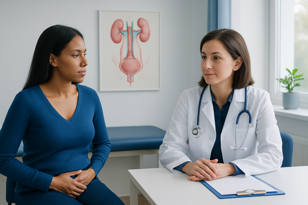 Doctor consulting with patient about urinary health in a modern clinic.
