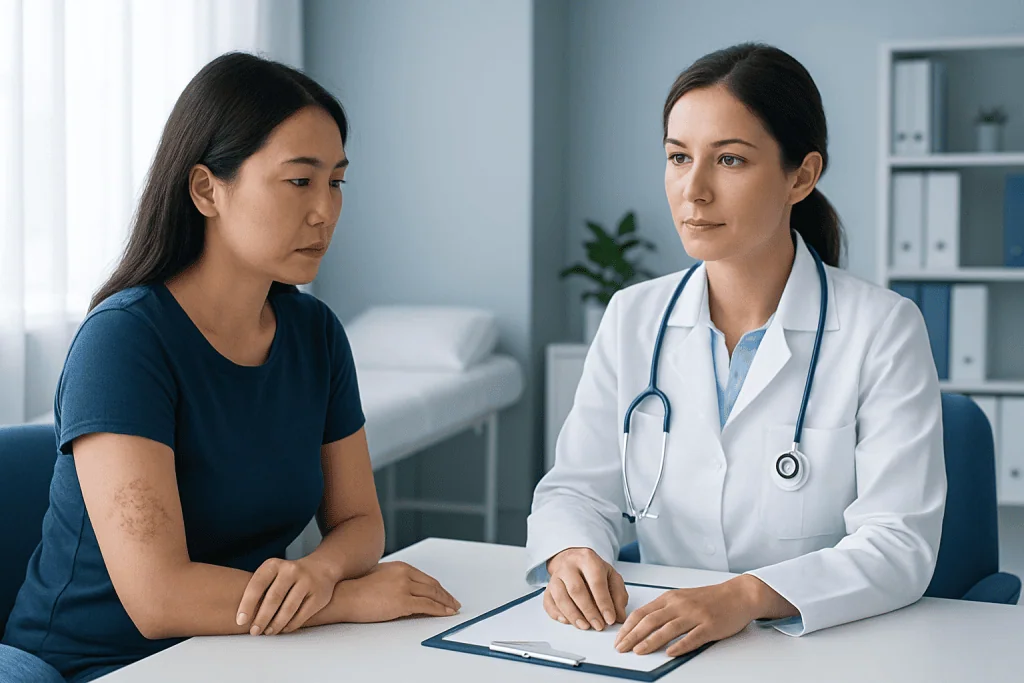 Doctor consulting with patient about skin condition in clinic.