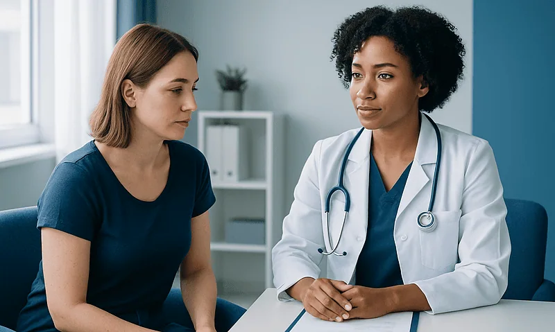Doctor consulting with a patient in a medical office setting.