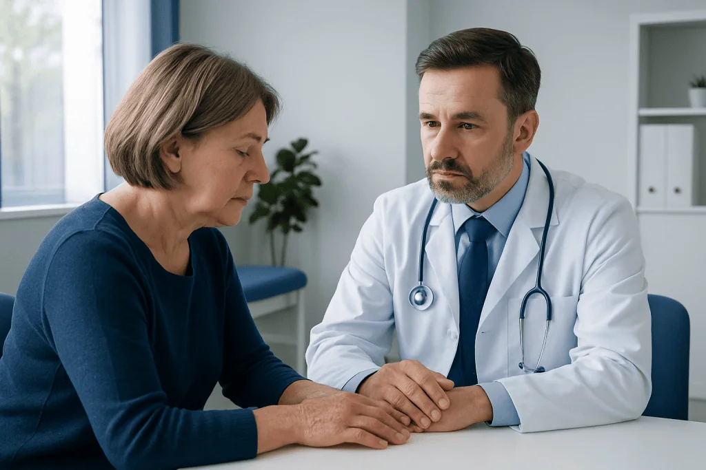Doctor consulting with a patient about skin health in a medical office.