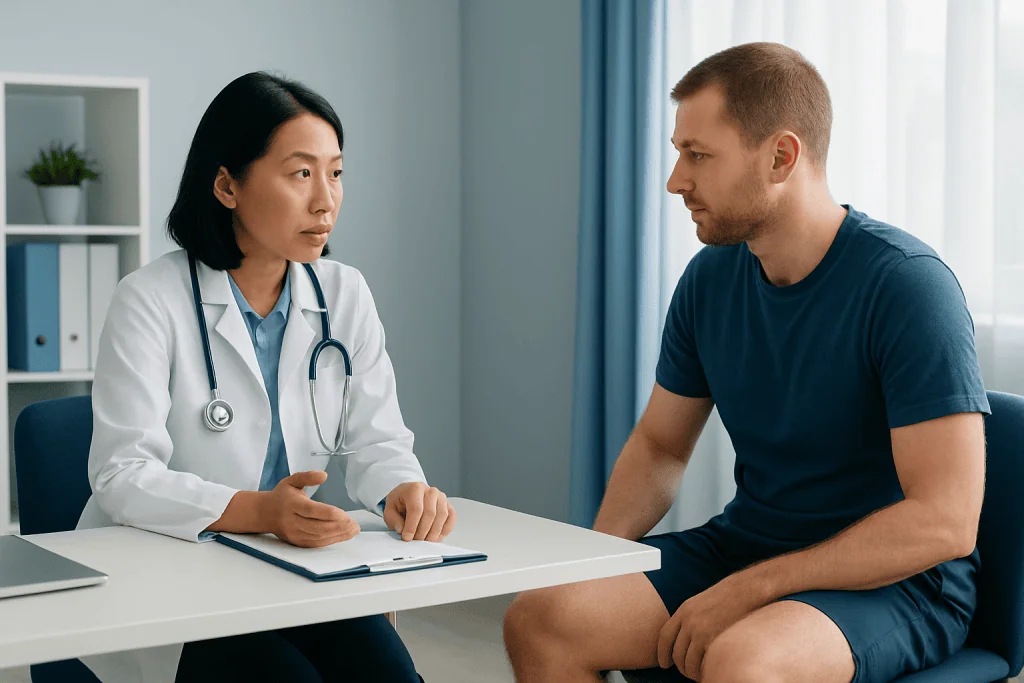 Doctor consulting with male patient in a medical office setting.