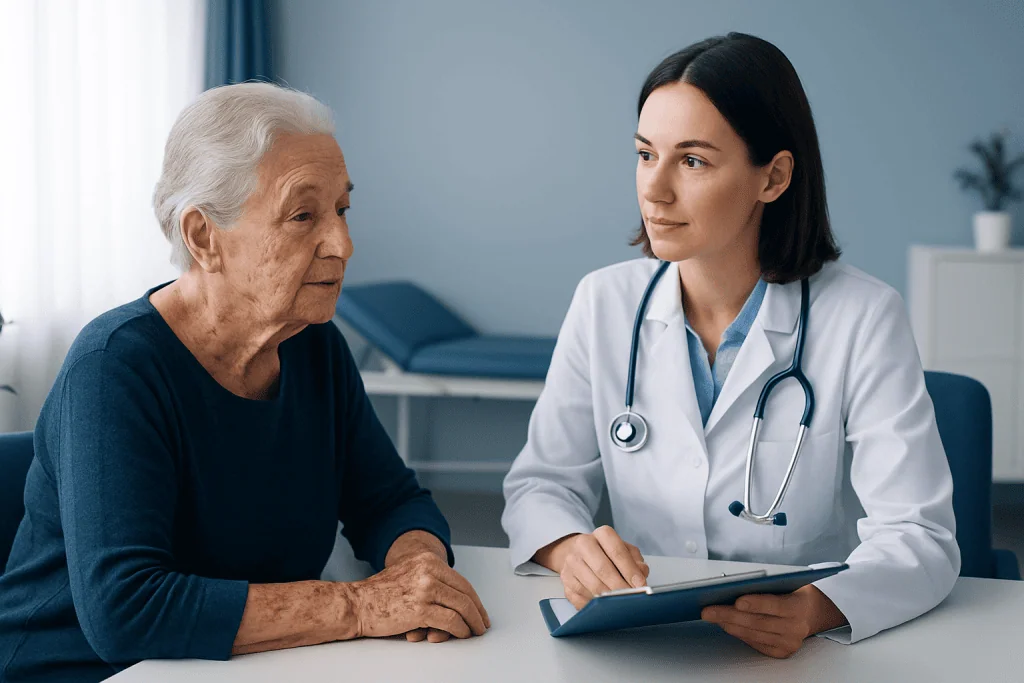 Doctor consulting with elderly woman in a medical office setting.