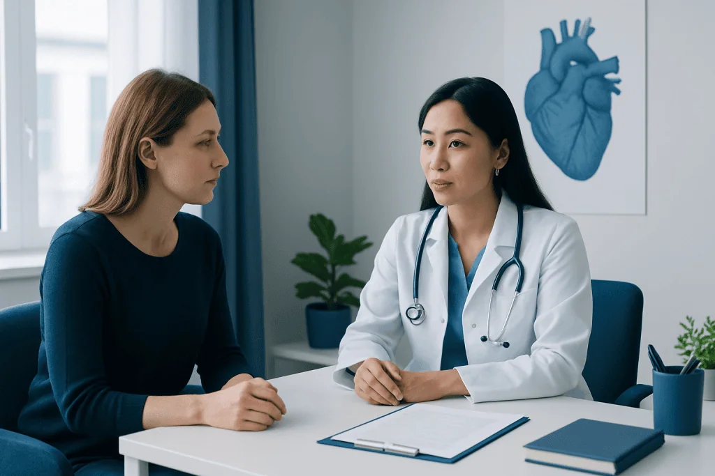 Doctor consulting with patient in a medical office with heart diagram on the wall.