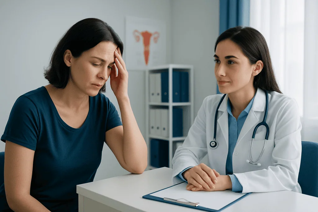 Woman experiencing discomfort during gynecological consultation with doctor.