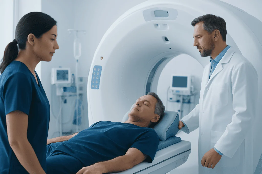 Patient undergoing MRI scan in a hospital setting with medical staff present.