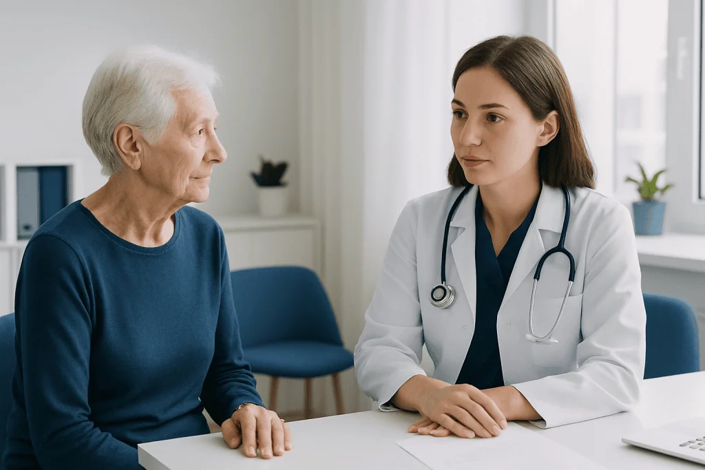 Doctor consulting with elderly woman in a medical office setting.