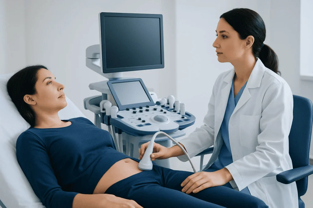 Medical examination of a woman using an ultrasound device in a clinical setting.