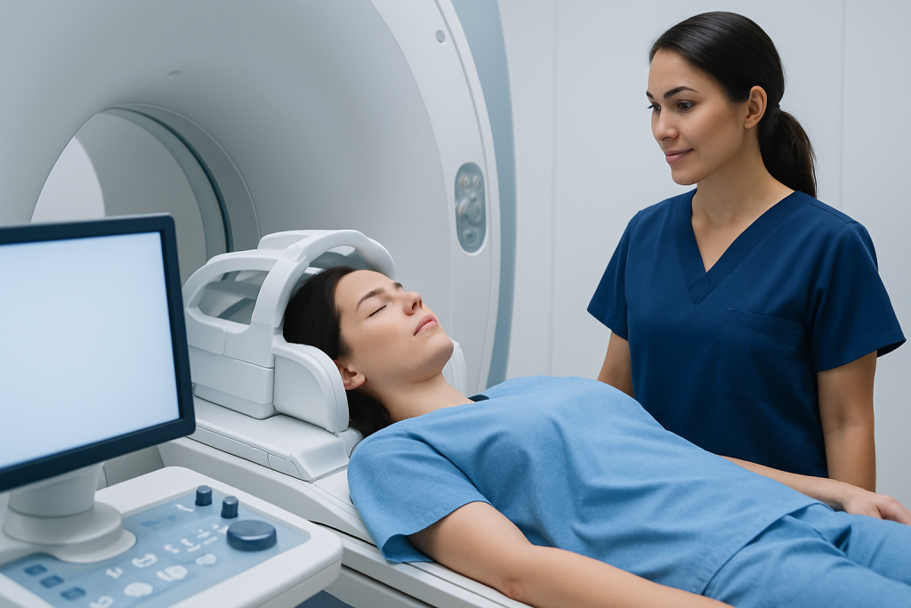 Patient undergoing MRI scan at Acibadem Hospital with medical staff present.