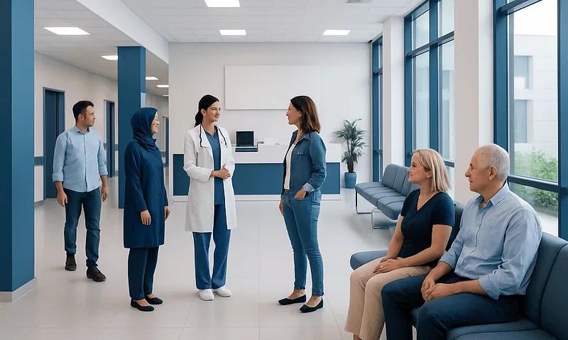 Hospital waiting area with medical staff and patients in a modern clinic.