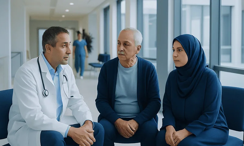Doctor consulting with a patient and a visitor in a hospital corridor.