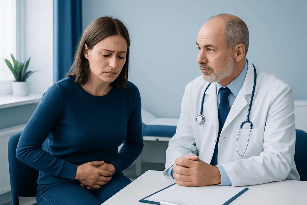 Doctor consulting with a woman about digestive health issues in a clinic setting.