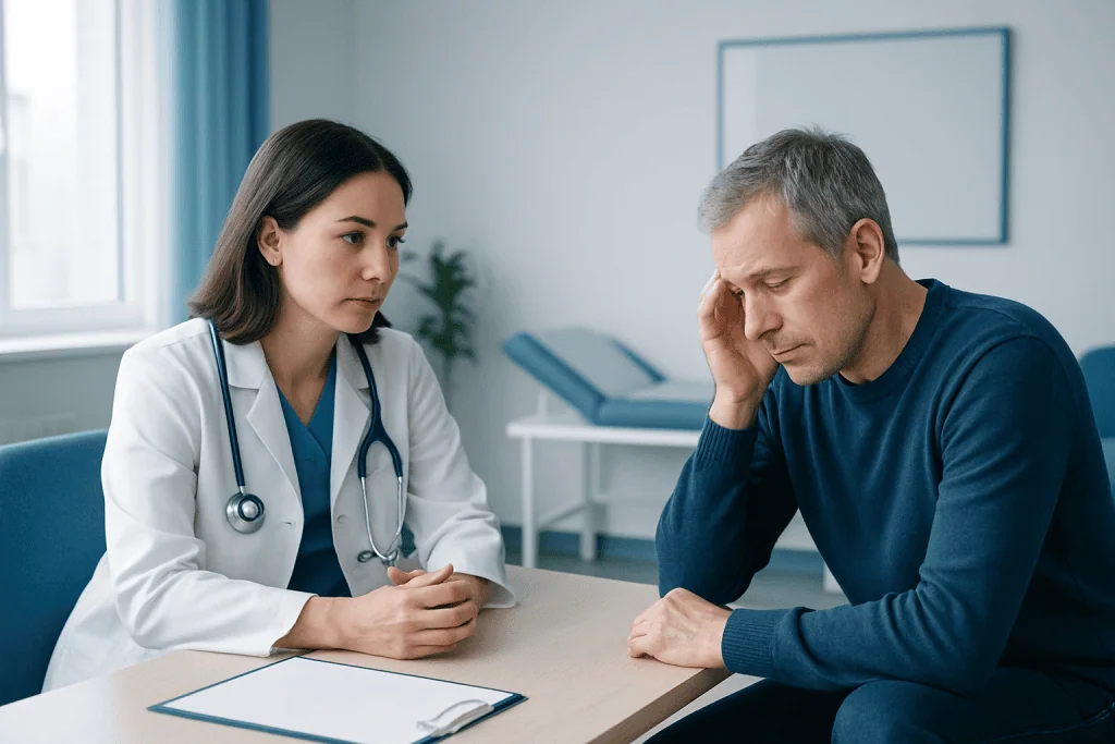 Doctor consulting with a patient about joint pain and fatigue.