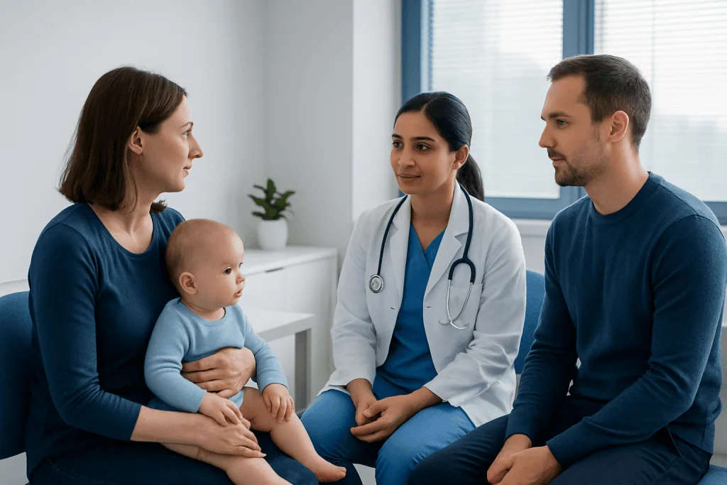 Doctor consulting with parents and baby in a hospital setting.