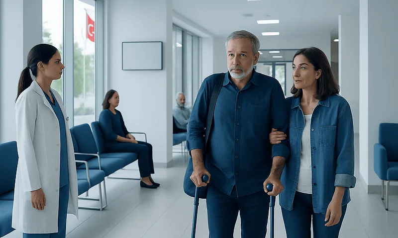 Elderly man with crutches and his daughter in hospital corridor.