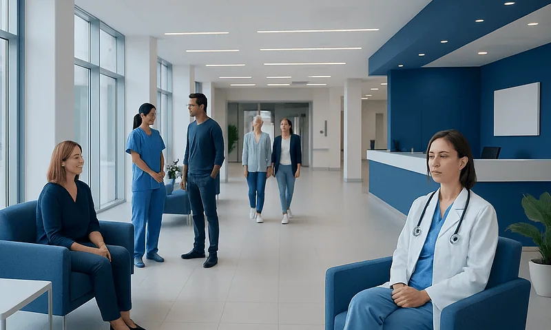 Modern hospital lobby with medical staff and patients in a bright, welcoming environment.