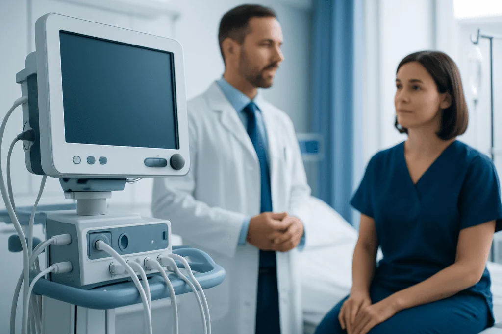 Doctor consulting a patient in a hospital room with medical equipment nearby.