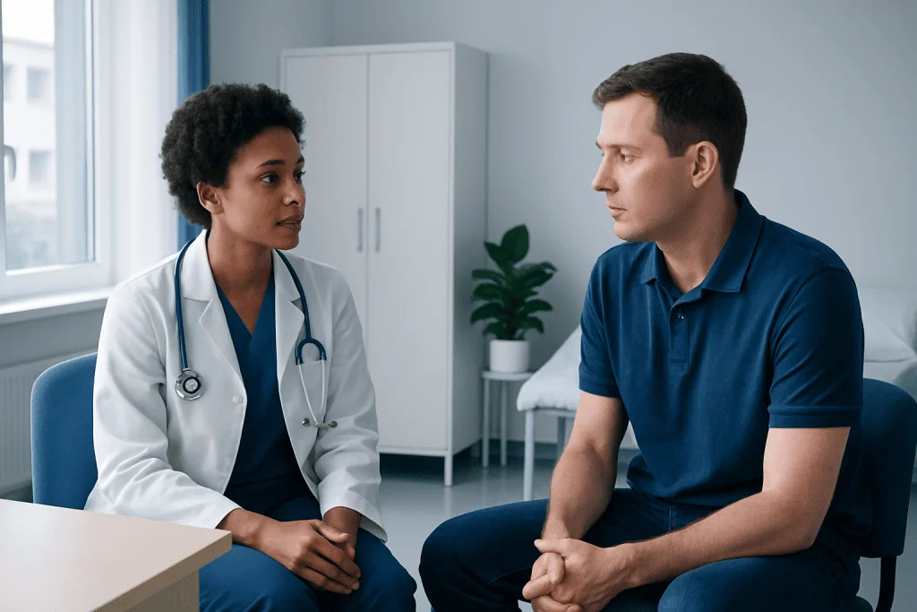 Doctor and patient having a consultation in a medical office.