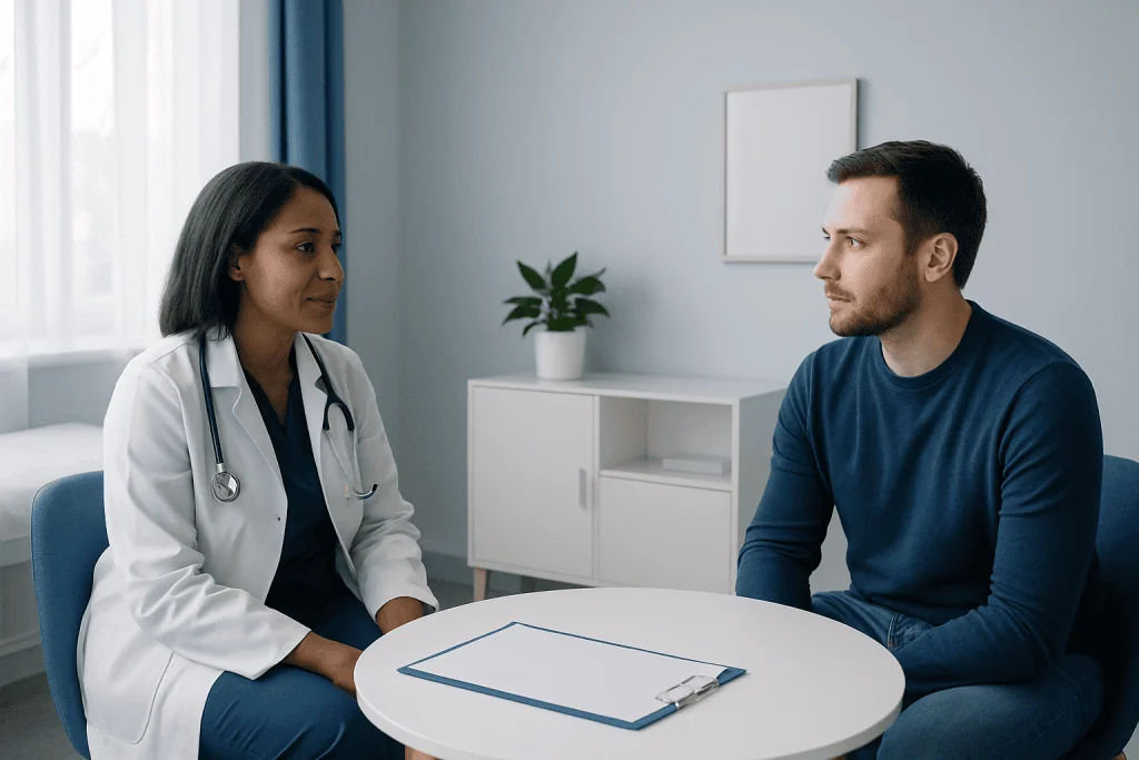 Doctor consulting with patient in a modern hospital room.