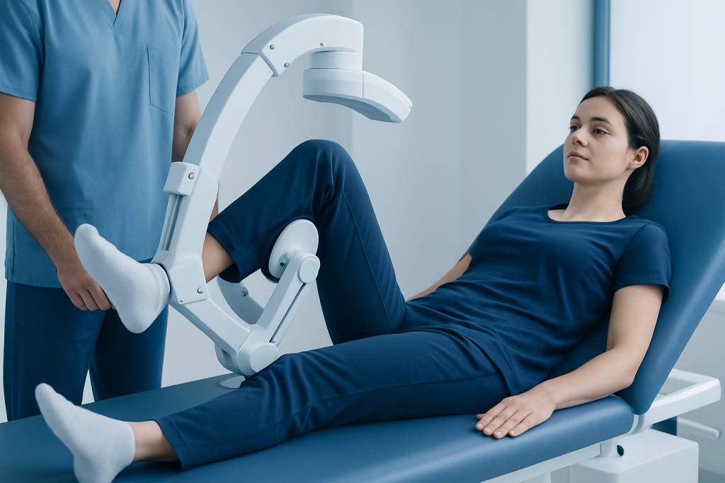Patient undergoing hip external rotation examination at Acibadem Hospital.