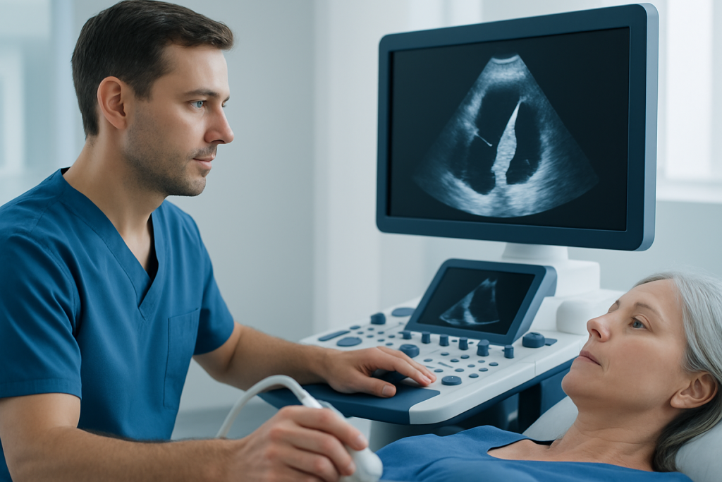 Interventricular Septum: What Patients Need to Know 1 Doctor performing an echocardiogram on a patient in a hospital setting.