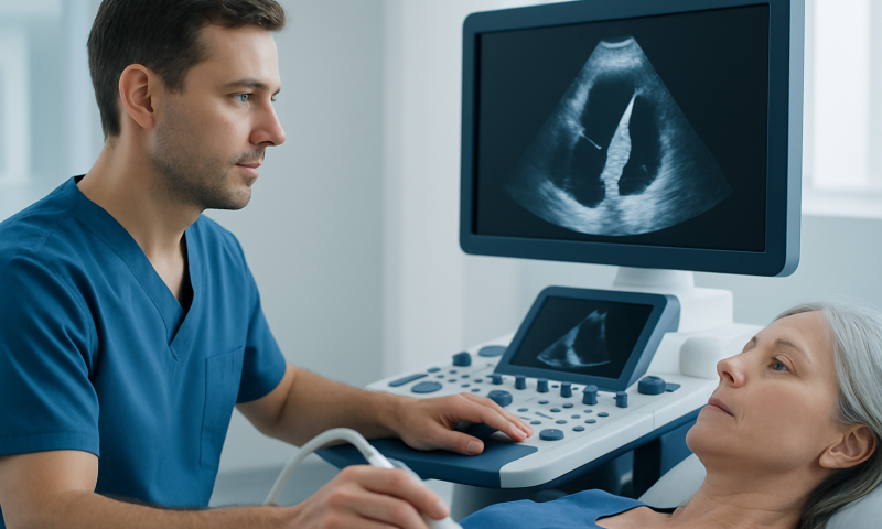 Doctor performing an echocardiogram on a patient in a hospital setting.