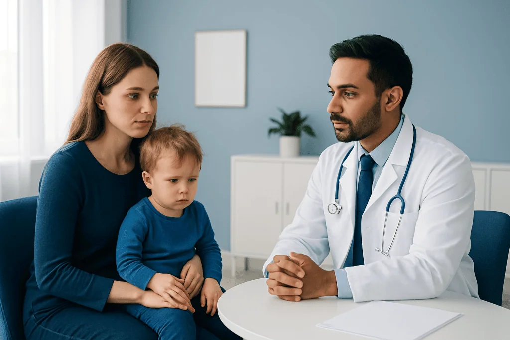 Pediatric consultation at Acibadem Hospital with doctor and young patient.