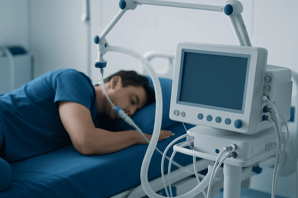 Patient in hospital bed connected to medical ventilator and monitoring equipment.
