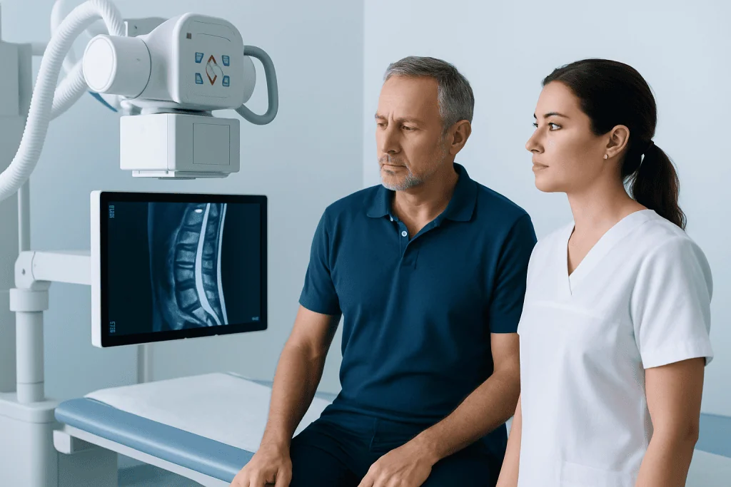 Doctor and patient reviewing spinal MRI scan in a medical clinic.