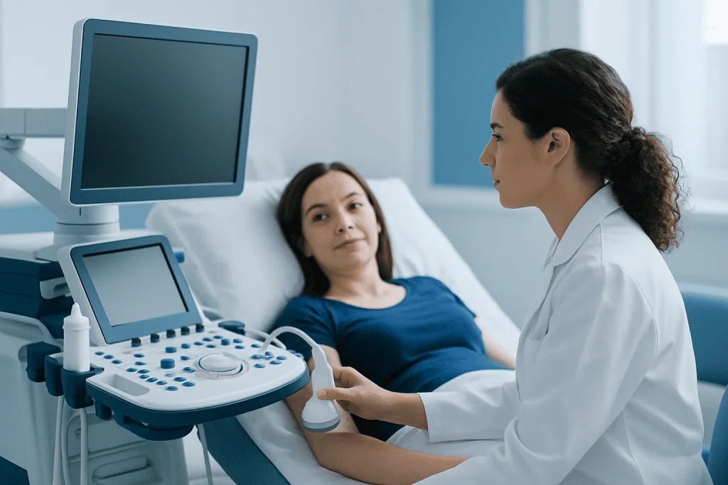 Medical professional performing an ultrasound on a patient in a hospital room.