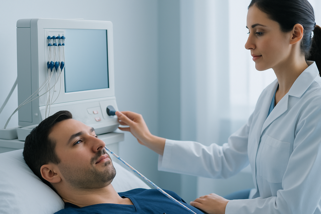 Medical professional conducts esophageal manometry test on patient in hospital.