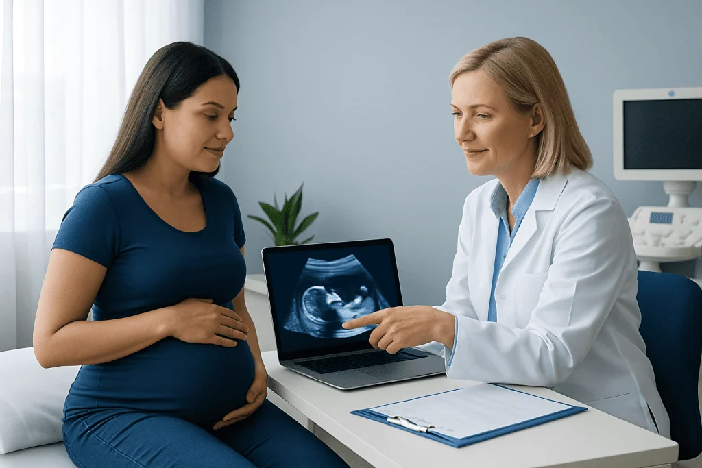 Pregnant woman and doctor discussing ultrasound scan in a medical consultation room.