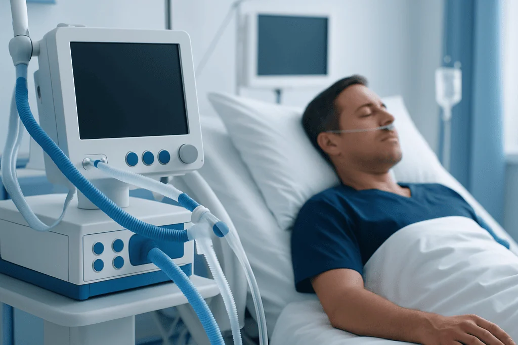 Patient resting in hospital bed with medical ventilator nearby.