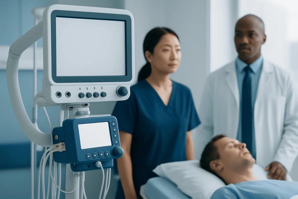 Medical team monitoring patient in hospital ICU with ventilator.