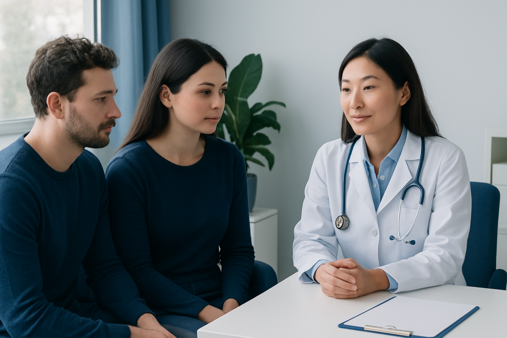 Doctor consulting with couple about fertility at Acibadem Hospital.