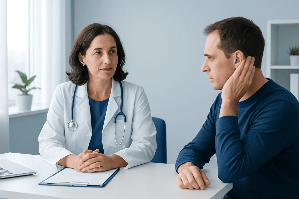 Doctor consulting with a patient in a medical office setting.