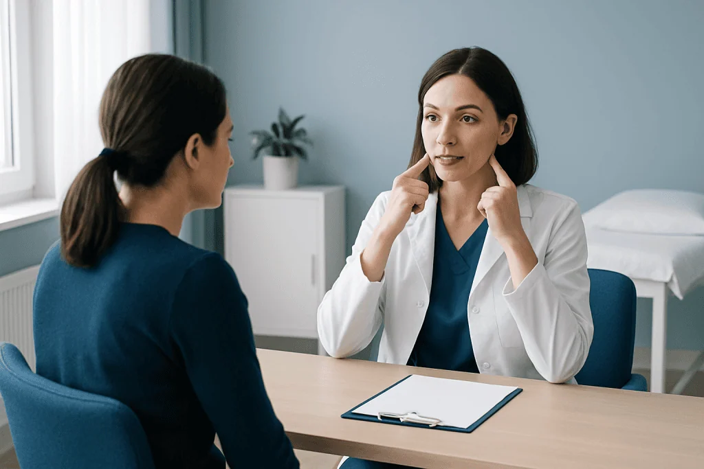 Doctor explaining TMJ exercises to a patient in a consultation room.